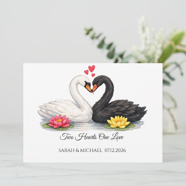 Custom Swans Two Hearts One Love Invitation (Standing Front)