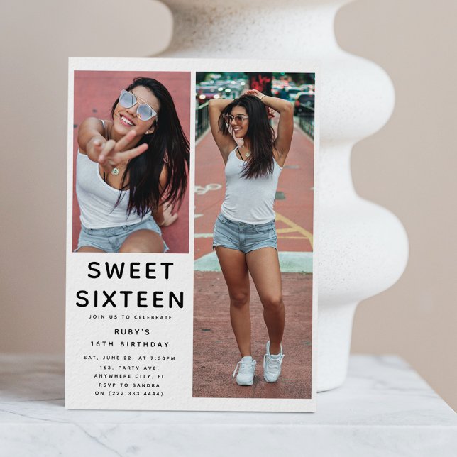 Custom 'SWEET 16' 2 Photo 16th Birthday Party Invitation (Creator Uploaded)