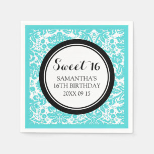 Custom Sweet 16 Birthday Napkin Aqua Black Damask