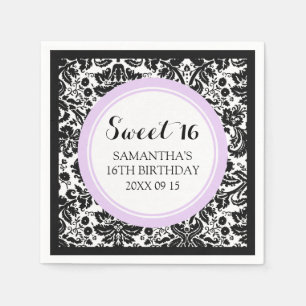 Custom Sweet 16 Birthday Napkin Black Damask