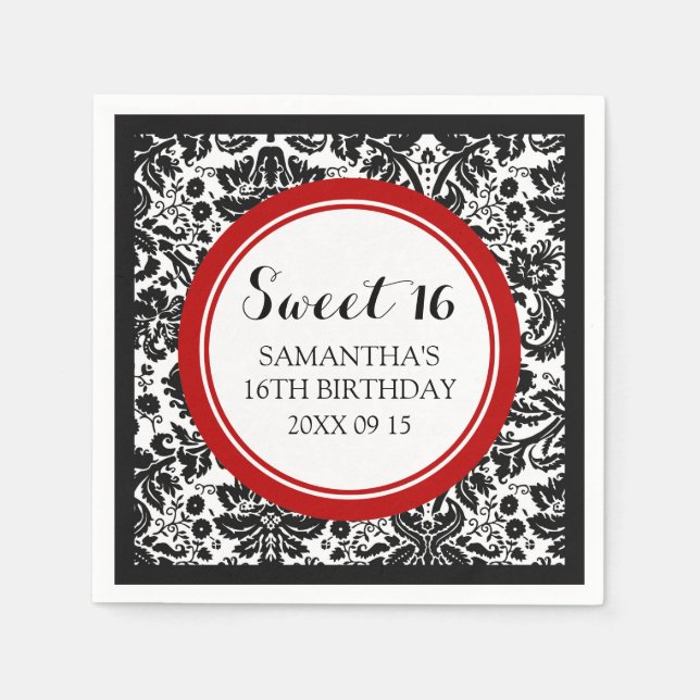 Custom Sweet 16 Birthday Napkin Red Black Damask (Front)