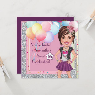 Custom Sweet 16 Caricature with Balloons and Glam Invitation