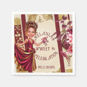 Custom Sweet 16 gold and Ruby Red caricature Napkin