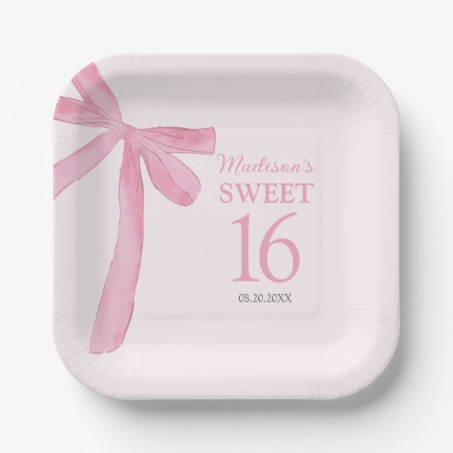 Custom Sweet 16th Birthday Coquette Pink Bow  Paper Plate (Front)