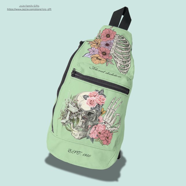 Custom Sweet watercolor floral skull Greenery Sling Bag (Creator Uploaded)