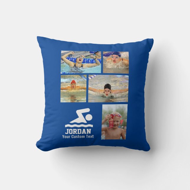 Custom Swimming Photo Collage Swimmer & Team Name Throw Pillow (Front)