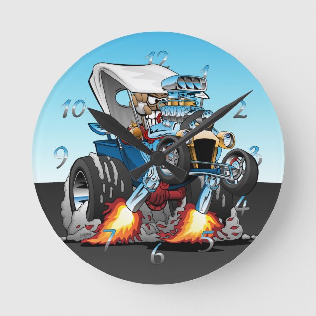 Custom T-bucket Roadster Hotrod Cartoon Round Clock (Front)