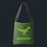 Custom t-rex dinosaur cross body bags for kids<br><div class="desc">Custom t-rex dinosaur cross body bags for kids. Also available as tote bag for school books, groceries, shopping, office work and more. Green or custom background colour. Fun Birthday party favour gift idea for son, grandson, nephew, boy, girl, daughter etc. Add your own personalized name of child. Silhouette of Wild...</div>