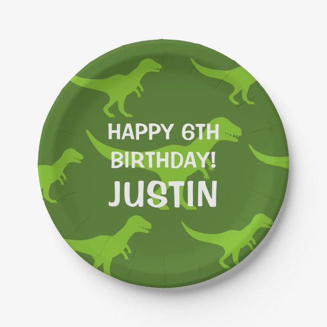 Custom T-rex dinosaur kids Birthday party plates (Front)