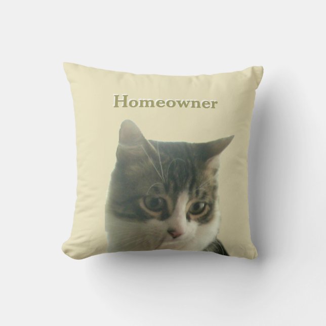 Custom Tabby Cat Photo on Light Beige Throw Pillow (Front)