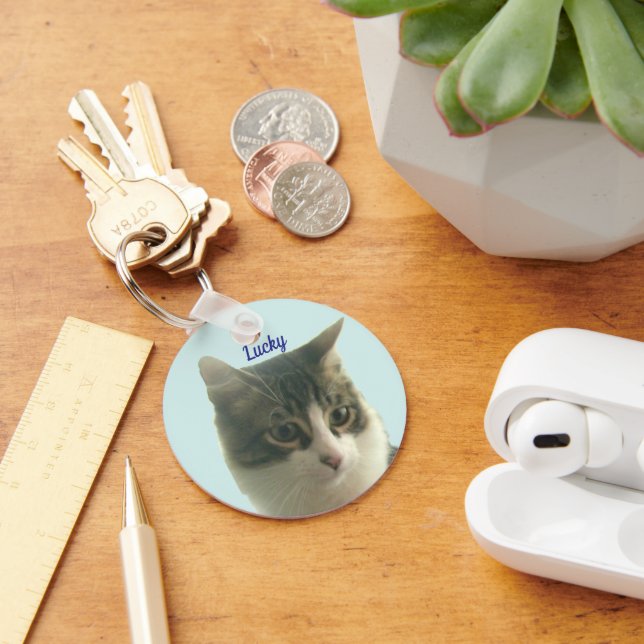 Custom Tabby Cat Photo on Light Blue Keychain (Desk)