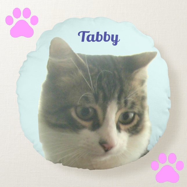 Custom Tabby Cat Photo on Light Blue Round Pillow (Creator Uploaded)