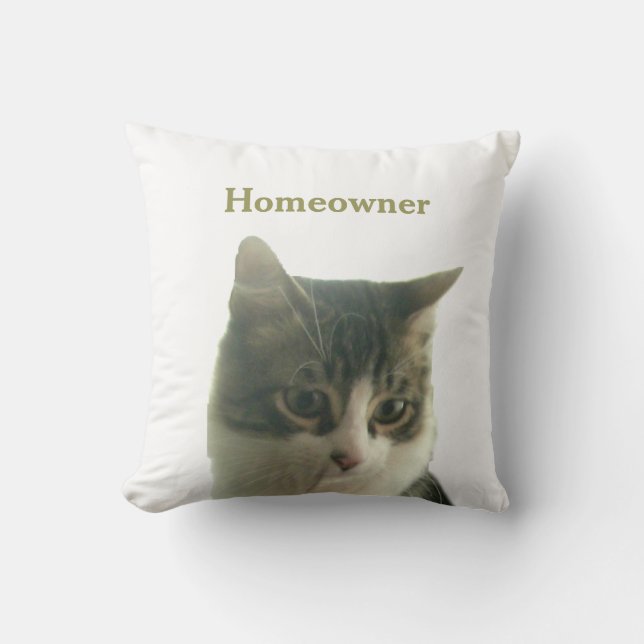 Custom Tabby Cat Photo on White Throw Pillow (Front)