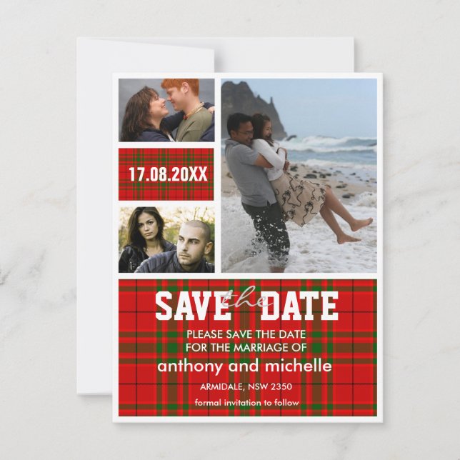 Custom tartan photo block wedding save the date (Front)