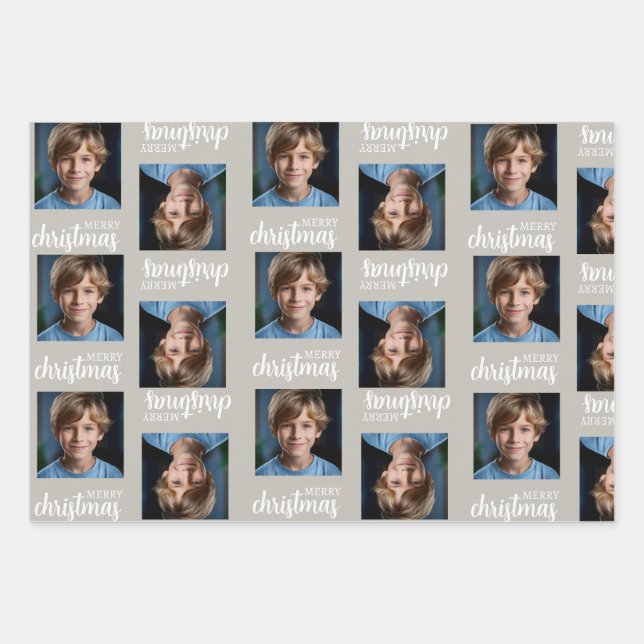 Custom Taupe Christmas Photo Wrapping Paper Sheets (Front)