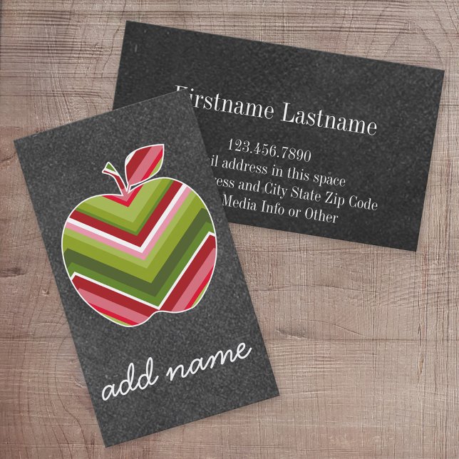 Custom Teacher Apple - Red Green Chevron Pattern Business Card (Custom Printed Online Business Card)