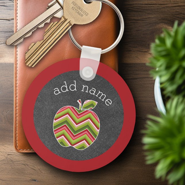 Custom Teacher Apple - Red Green Chevron Pattern Keychain (Personalized Keychain - Custom Teacher Gift or Classroom Keyring)