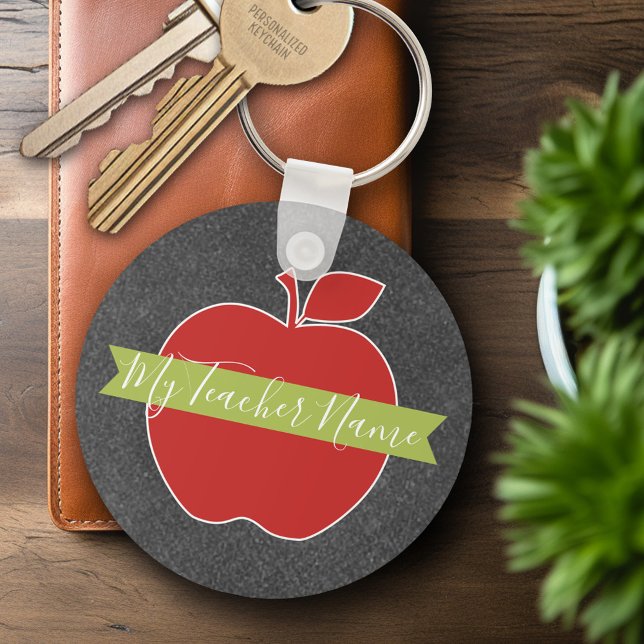 Custom Teacher Apple - Red Green Handwritten Font Keychain (Personalized Keychain - Custom Teacher Gift or Classroom Keyring)