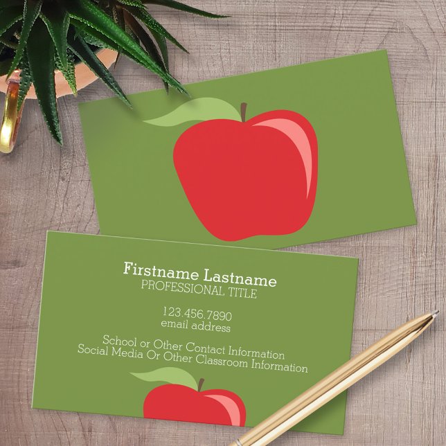 Custom Teacher Apple with Modern Apple Business Card (Custom Printed Business Cards)