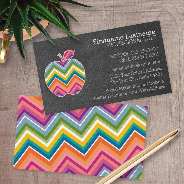 Custom Teacher Apple with Trendy Chevron Pattern Business Card (Custom Printed Business Cards)