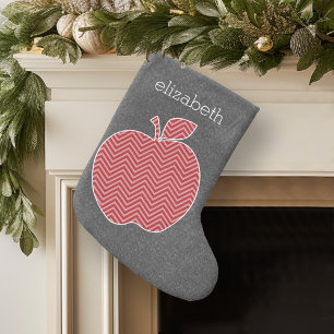 Custom Teacher Apple with Trendy Chevron Pattern Large Christmas Stocking