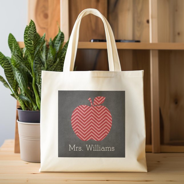 Custom Teacher Apple with Trendy Chevron Pattern Tote Bag (Custom Tote Bag)