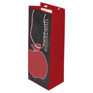 Custom Teacher Apple with Trendy Chevron Pattern Wine Gift Bag