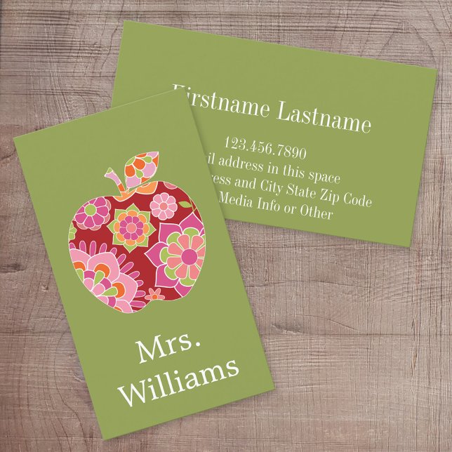 Custom Teacher Apple with Trendy Floral Pattern Business Card (Custom Printed Online Business Card)