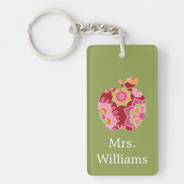 Custom Teacher Apple with Trendy Floral Pattern Keychain (Front)