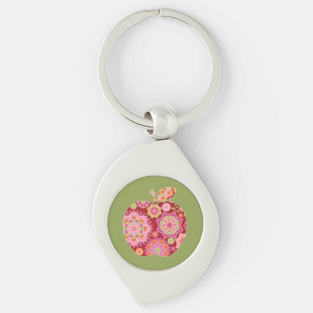 Custom Teacher Apple with Trendy Floral Pattern Keychain (Front)