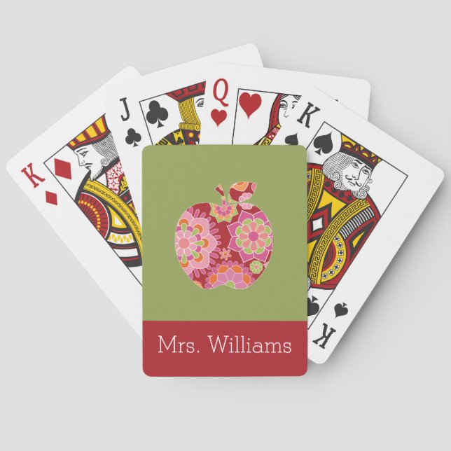 Custom Teacher Apple with Trendy Floral Pattern Playing Cards (Back)
