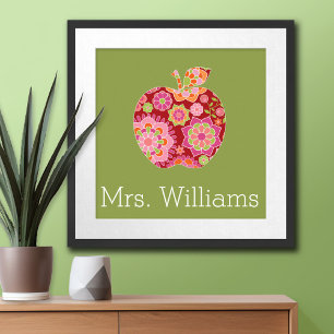 Custom Teacher Apple with Trendy Floral Pattern Poster