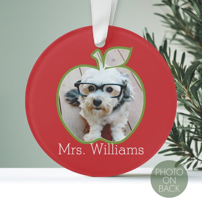Custom Teacher Apple with Vertical Photo Ornament (Personalized Wedding Anniversary Photo Ornament)