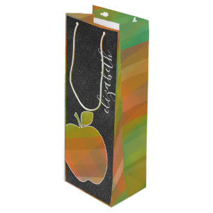Custom Teacher Apple with Watercolor Stripes Wine Gift Bag