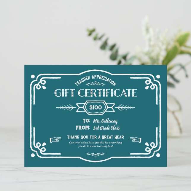 Custom Teacher Appreciation Gift Certificate Card (Standing Front)