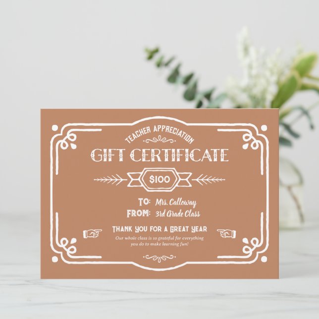 Custom Teacher Appreciation Gift Certificate Card (Standing Front)