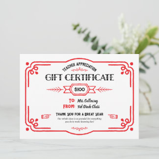 Custom Teacher Appreciation Gift Certificate Card