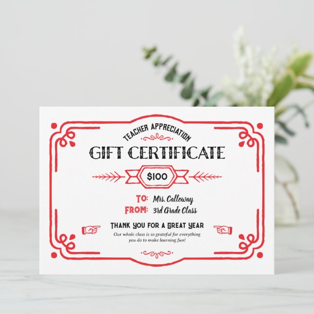 Custom Teacher Appreciation Gift Certificate Card (Standing Front)