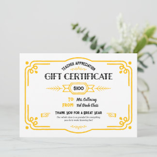 Custom Teacher Appreciation Gift Certificate Card