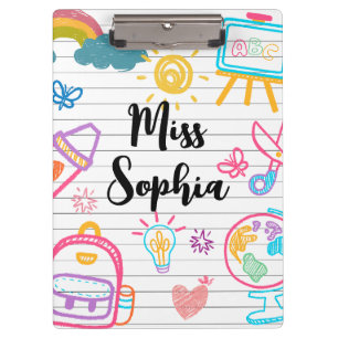Custom Teacher Name Cute Colorful doodle Clipboard