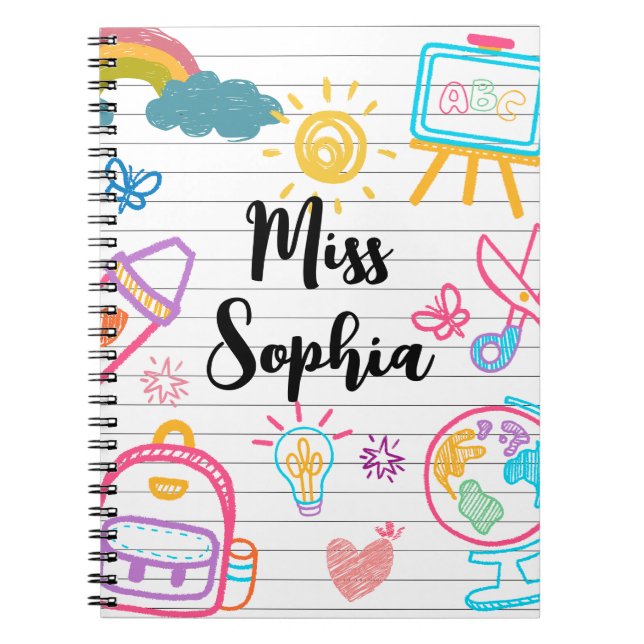 Custom Teacher Name | Cute Colourful doodle Notebook (Front)
