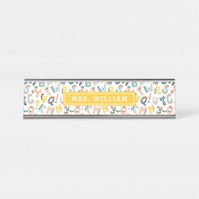 Custom Teacher Name Cute Dino Alphabet Pattern Desk Name Plate (Front)