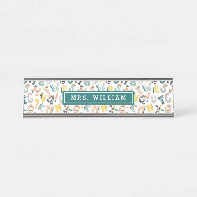 Custom Teacher Name Cute Dino Alphabet Pattern Desk Name Plate (Front)