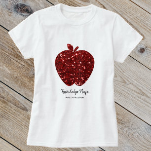 Custom Teacher Name Faux Glitter Red Apple School  T-Shirt
