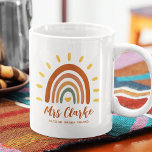 Custom Teacher Name Grade Boho Rainbow Sun Coffee Mug<br><div class="desc">Custom Teacher Name Grade Boho Rainbow Sun mug is a unique and stylish accessory that combines bohemian and earthy elements with a vibrant rainbow sun. In addition to the striking graphic, the button can also be customized with your teacher name, as well as the grade or any other quote, wether...</div>