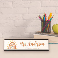 Custom Teacher Name Grade Boho Rainbow Sun