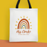 Custom Teacher Name Grade Boho Rainbow Sun Tote Bag<br><div class="desc">The Custom Name Boho Earth Tone Rainbow Sun tote bag is a unique and stylish accessory that combines bohemian and earthy elements with a vibrant rainbow sun. In addition to the striking graphic, the tote can also be customized with your teacher name, as well as the grade or any other...</div>