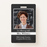 Custom Teacher Photo ID Badge for school classroom<br><div class="desc">A friendly teacher photo ID badge for classroom use, so students can see their awesome teacher smiling without a mask on. Custom text templates for teacher name, grade, school, also includes personalized photo template so you can easily add your own photo. The back has space for an address, phone number,...</div>