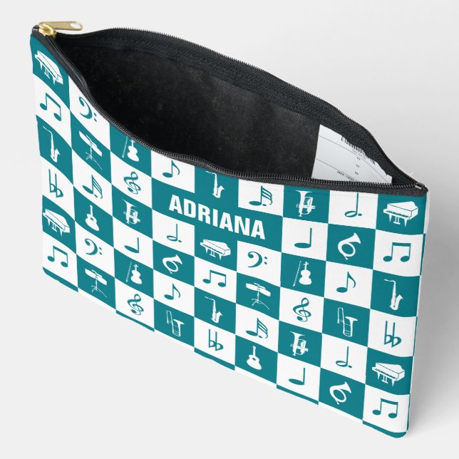 Custom teal and white music notes and instruments accessory pouch (Open)