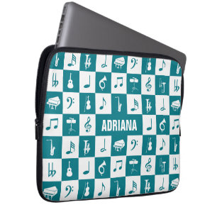 Custom teal and white music notes and instruments laptop sleeve
